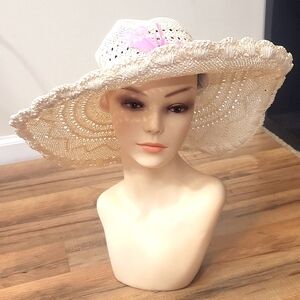 BANANA REPUBLIC Cream Raffia Wide Brim Hat with Pink Ribbon & Feather Bufferfly